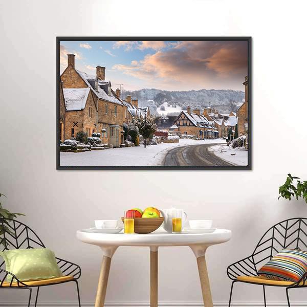 Cotswold Village In Snow Canvas Wall Art-1 Piece-Floating Frame-24" x 16"-Tiaracle