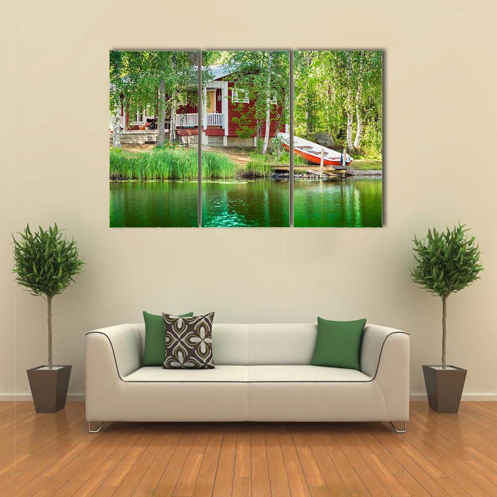 Cottage By The Lake Canvas Wall Art-3 Horizontal-Gallery Wrap-37" x 24"-Tiaracle