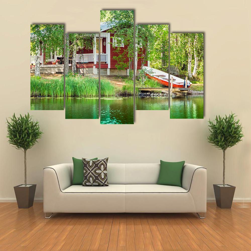 Cottage By The Lake Canvas Wall Art-5 Pop-Gallery Wrap-47" x 32"-Tiaracle