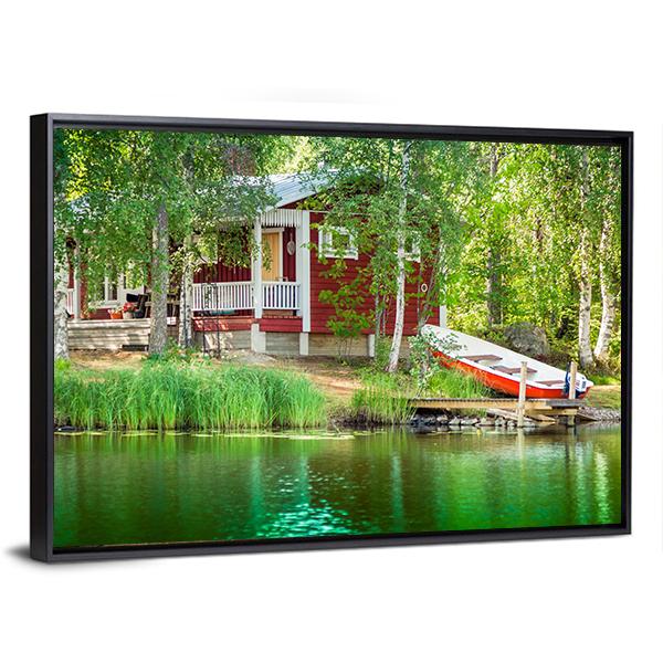 Cottage By The Lake Canvas Wall Art-3 Horizontal-Gallery Wrap-25" x 16"-Tiaracle