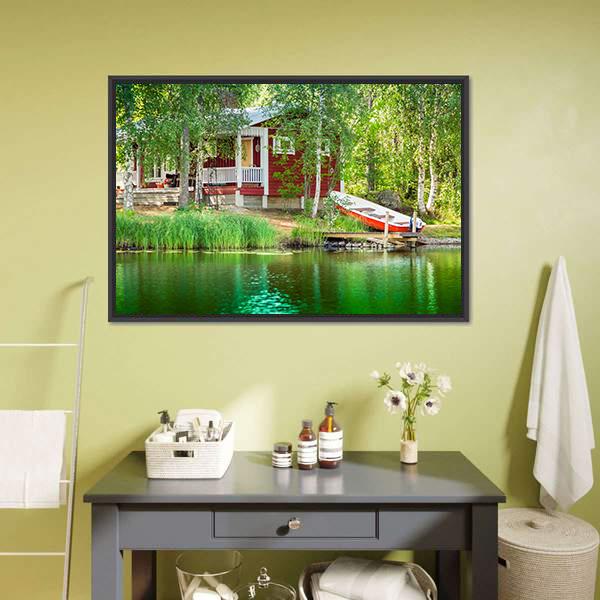 Cottage By The Lake Canvas Wall Art-3 Horizontal-Gallery Wrap-25" x 16"-Tiaracle