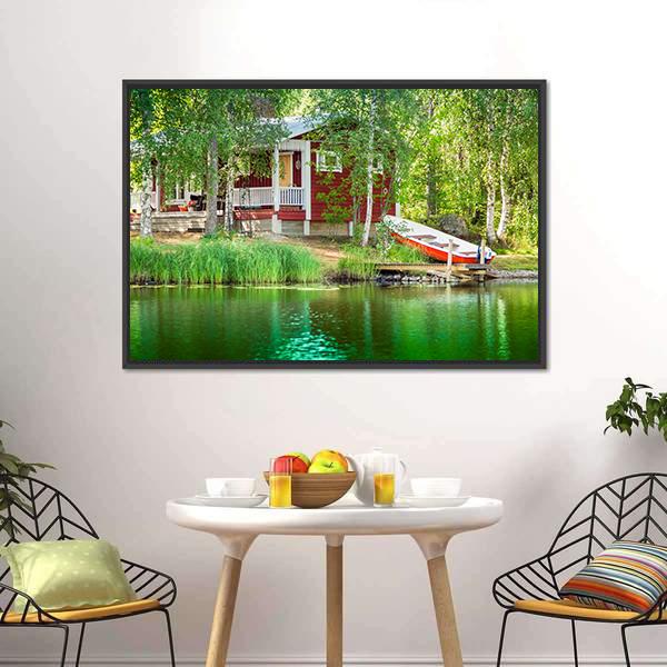 Cottage By The Lake Canvas Wall Art-1 Piece-Floating Frame-24" x 16"-Tiaracle