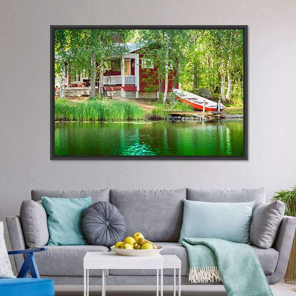 Cottage By The Lake Canvas Wall Art-3 Horizontal-Gallery Wrap-25" x 16"-Tiaracle
