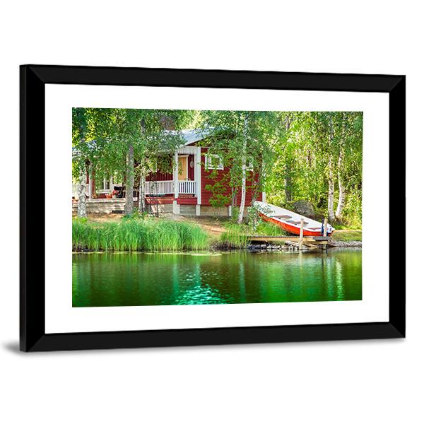 Cottage By The Lake Canvas Wall Art-3 Horizontal-Gallery Wrap-25" x 16"-Tiaracle