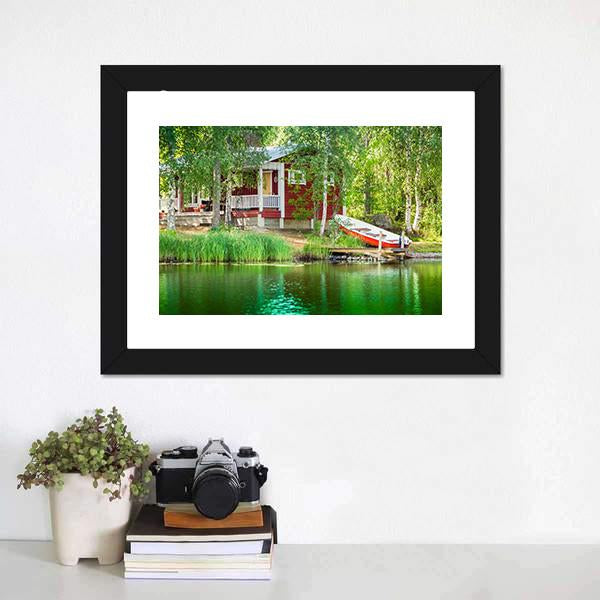Cottage By The Lake Canvas Wall Art-3 Horizontal-Gallery Wrap-25" x 16"-Tiaracle
