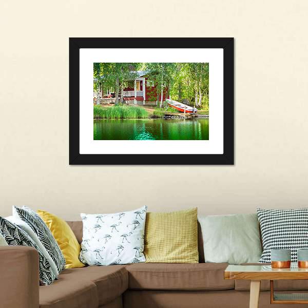 Cottage By The Lake Canvas Wall Art-1 Piece-Framed Print-20" x 16"-Tiaracle