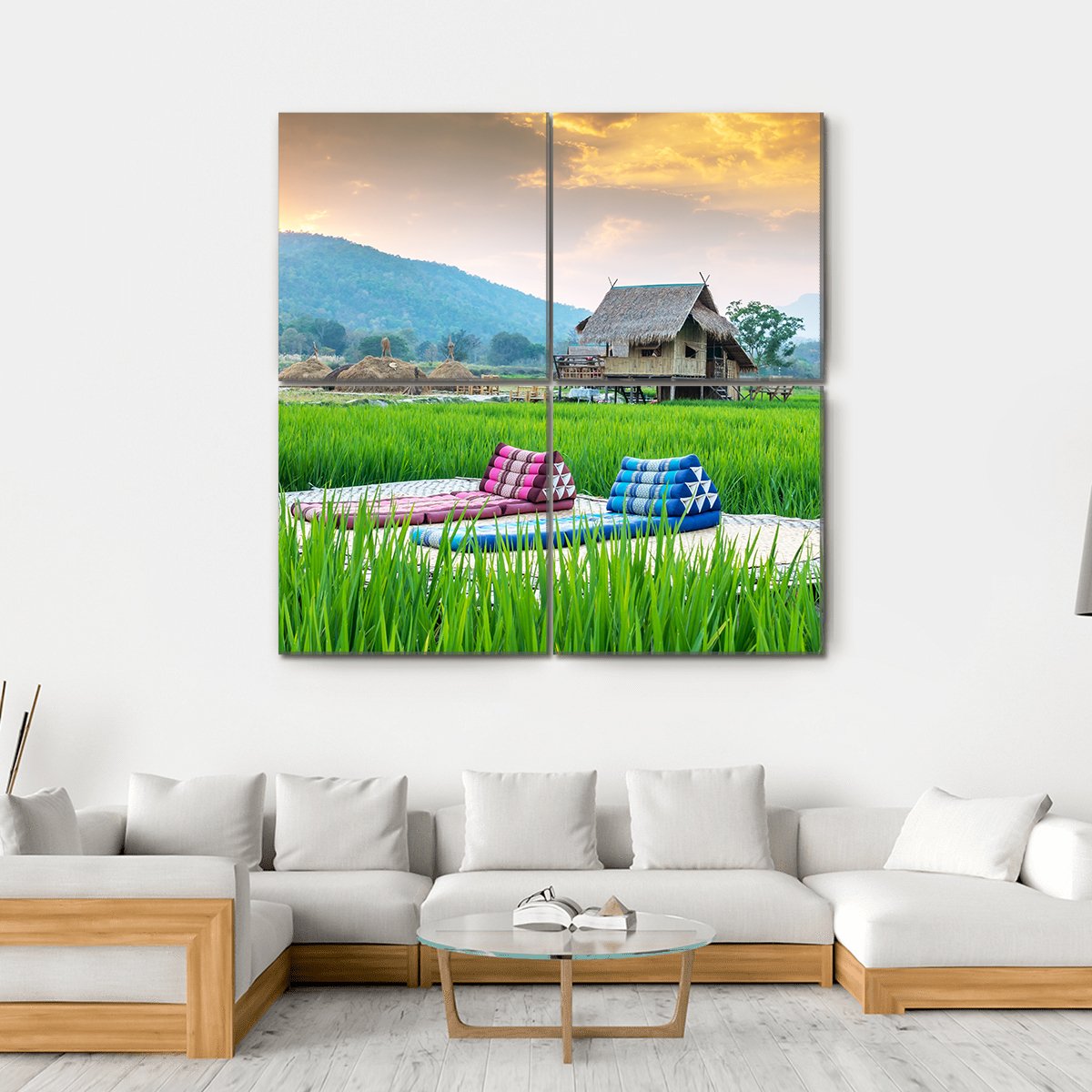 Couch In Rice Field Canvas Wall Art-4 Square-Gallery Wrap-17" x 17"-Tiaracle