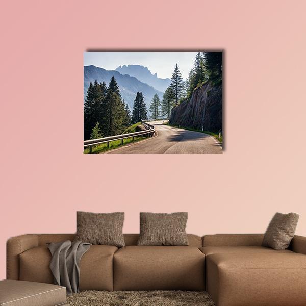Winding Mountain Road in Europe Canvas Wall Art in gray, green and blue, single panel hung on a wall
