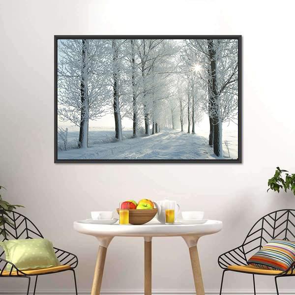 Country Road in Winter Canvas Wall Art in white, gray and brown, framed canvas, product view on a white background