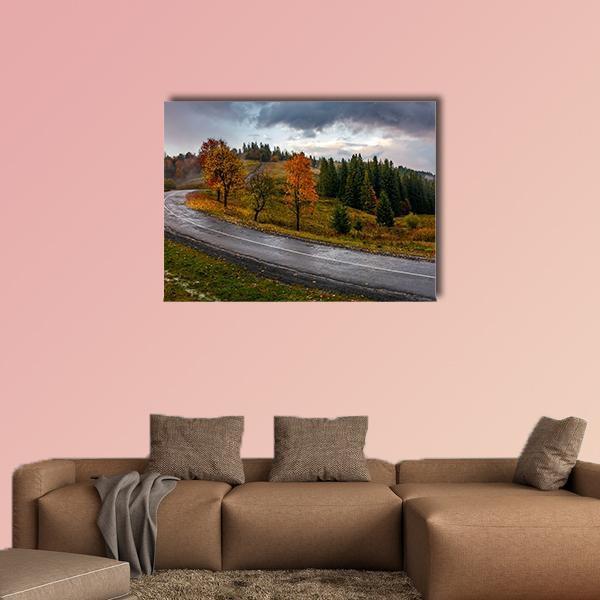 Road Through Autumn Forest Canvas Wall Art-1 Piece-Gallery Wrap-48" x 32"-Tiaracle