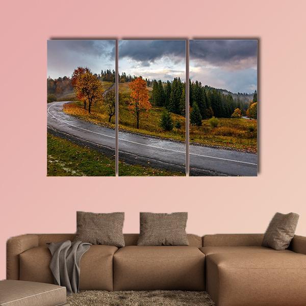 Road Through Autumn Forest Canvas Wall Art-4 Pop-Gallery Wrap-50" x 32"-Tiaracle