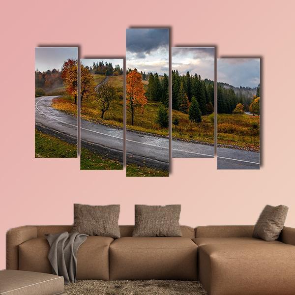Road Through Autumn Forest Canvas Wall Art-5 Pop-Gallery Wrap-47" x 32"-Tiaracle