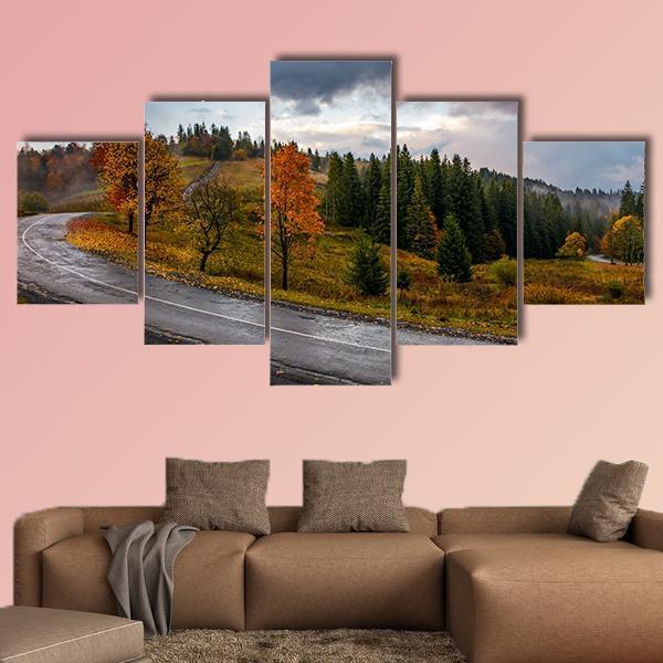 Road Through Autumn Forest Canvas Wall Art-5 Star-Gallery Wrap-62" x 32"-Tiaracle