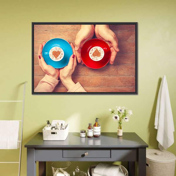 Couple Holding Coffee Cups Panoramic Canvas Wall Art-1 Piece-36" x 12"-Tiaracle