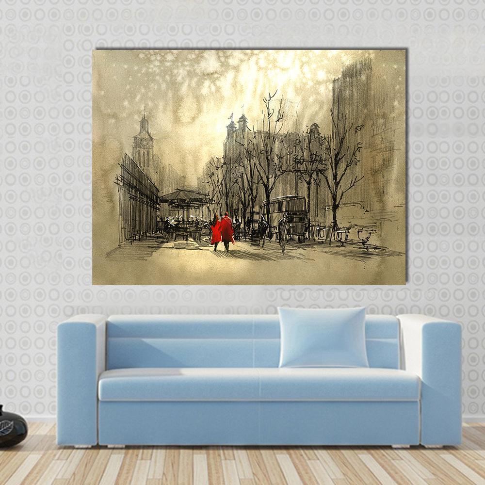 Couple in Red on Street Canvas Wall Art in gray, beige and red, single panel hung on a wall