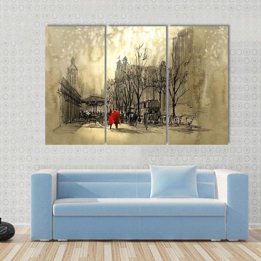 Couple In Red On Street Canvas Wall Art-3 Horizontal-Gallery Wrap-37&quot; x 24&quot;-Tiaracle