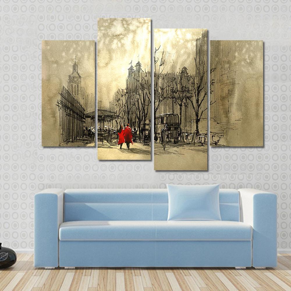 Couple In Red On Street Canvas Wall Art-4 Pop-Gallery Wrap-50&quot; x 32&quot;-Tiaracle