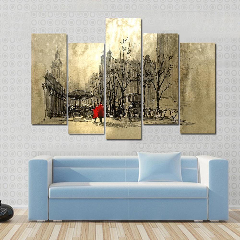 Couple In Red On Street Canvas Wall Art-5 Pop-Gallery Wrap-47&quot; x 32&quot;-Tiaracle