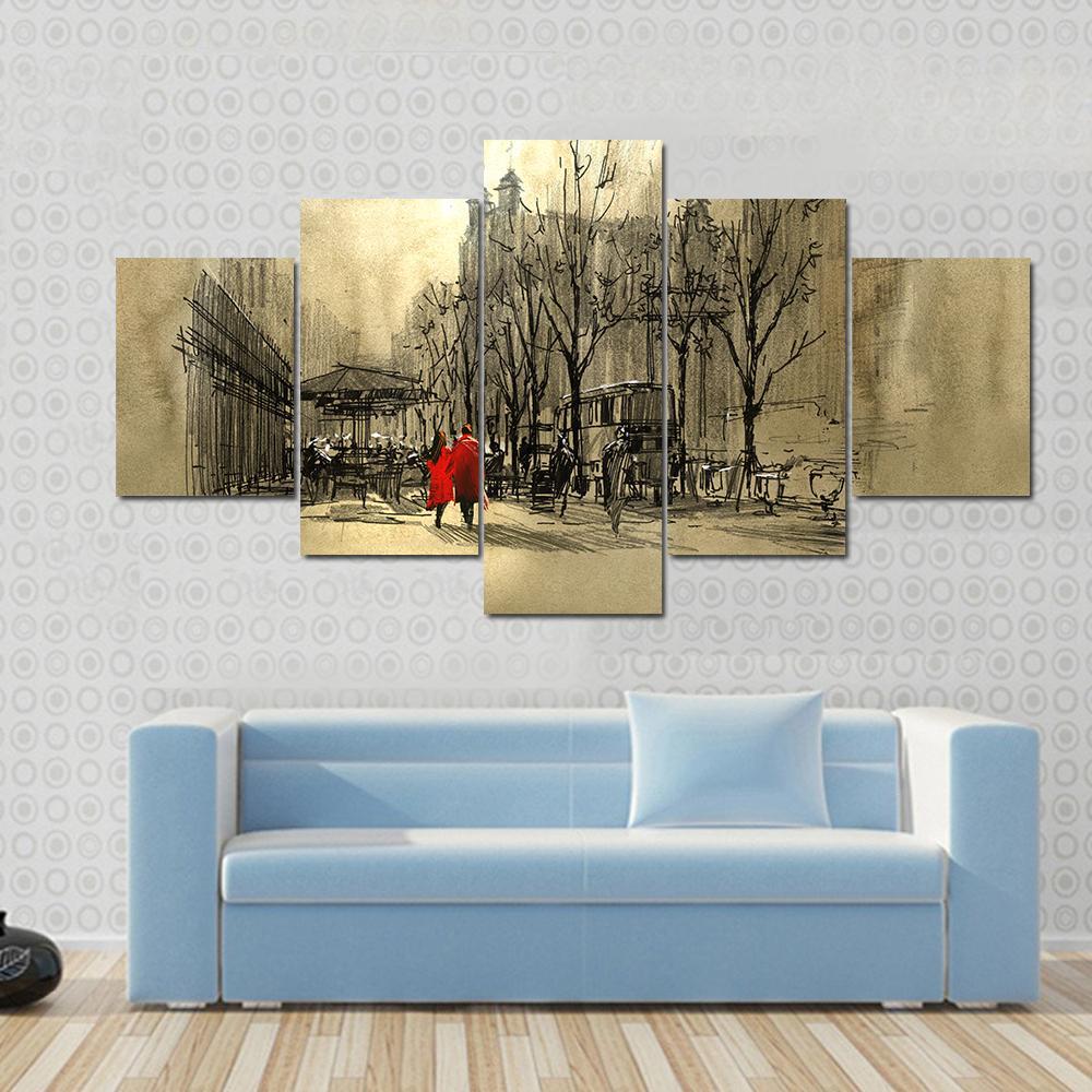 Couple In Red On Street Canvas Wall Art-5 Star-Gallery Wrap-62&quot; x 32&quot;-Tiaracle
