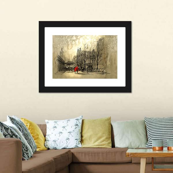 Couple In Red On Street Canvas Wall Art-1 Piece-Framed Print-20&quot; x 16&quot;-Tiaracle