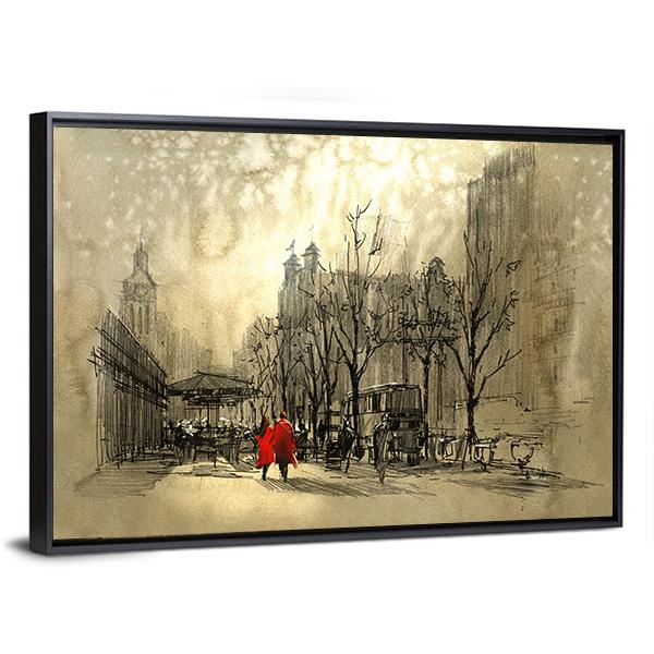Couple In Red On Street Canvas Wall Art-3 Horizontal-Gallery Wrap-25&quot; x 16&quot;-Tiaracle