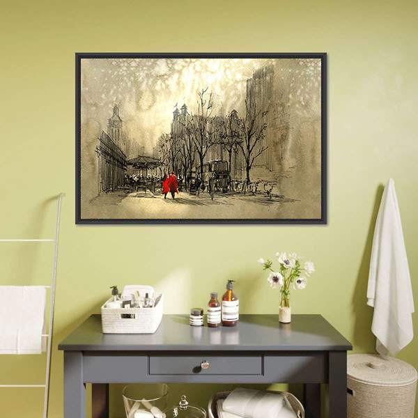 Couple In Red On Street Canvas Wall Art-3 Horizontal-Gallery Wrap-25&quot; x 16&quot;-Tiaracle