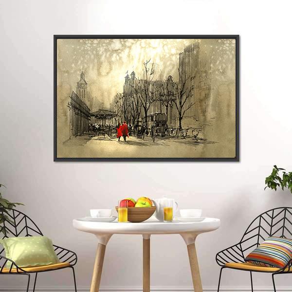 Couple In Red On Street Canvas Wall Art-1 Piece-Floating Frame-24&quot; x 16&quot;-Tiaracle