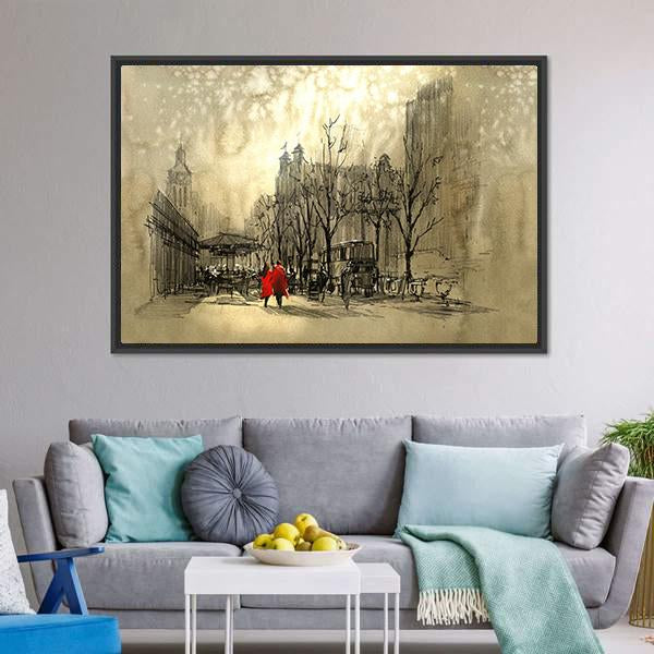 Couple In Red On Street Canvas Wall Art-3 Horizontal-Gallery Wrap-25&quot; x 16&quot;-Tiaracle