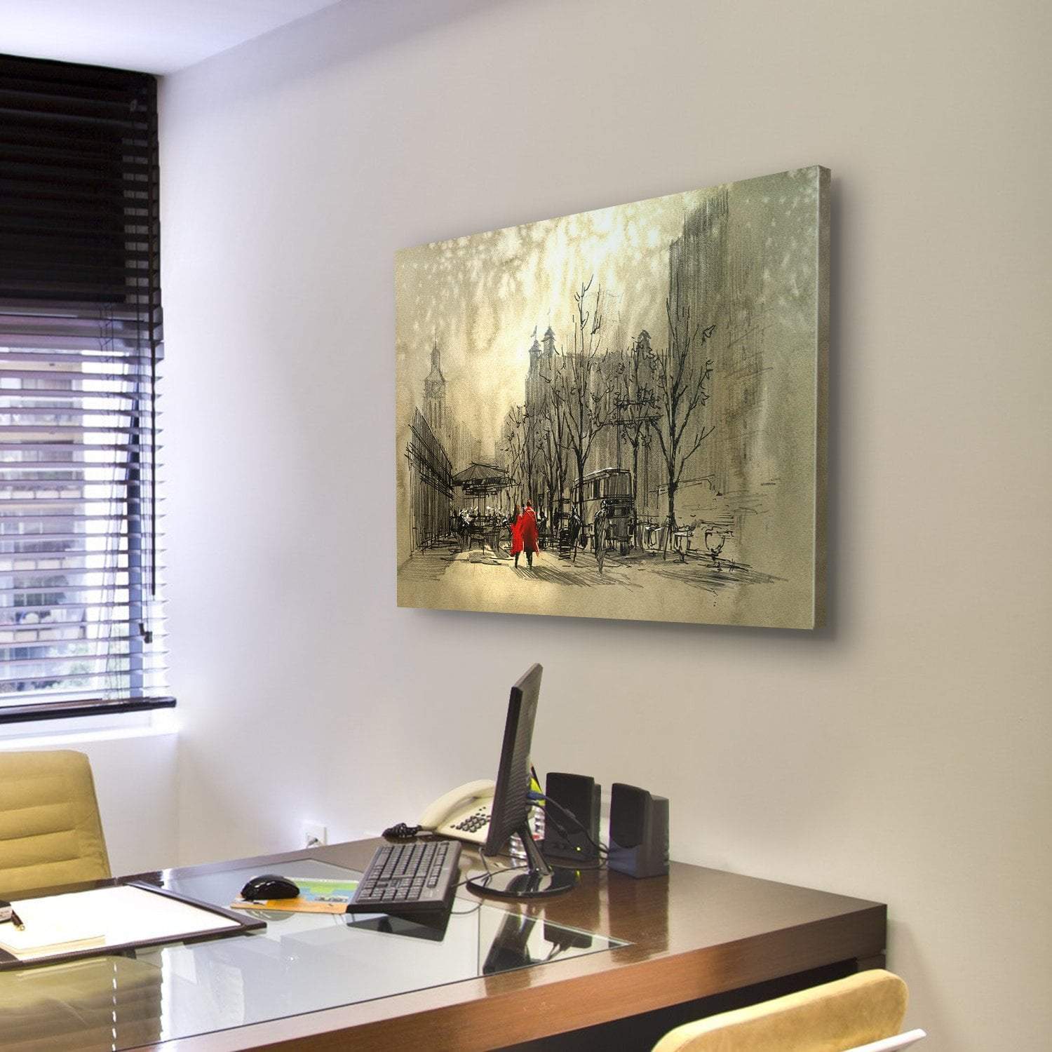 Couple In Red On Street Canvas Wall Art-4 Pop-Gallery Wrap-50" x 32"-Tiaracle