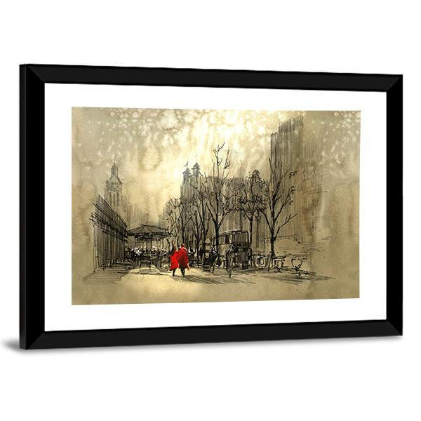 Couple In Red On Street Canvas Wall Art-3 Horizontal-Gallery Wrap-25&quot; x 16&quot;-Tiaracle