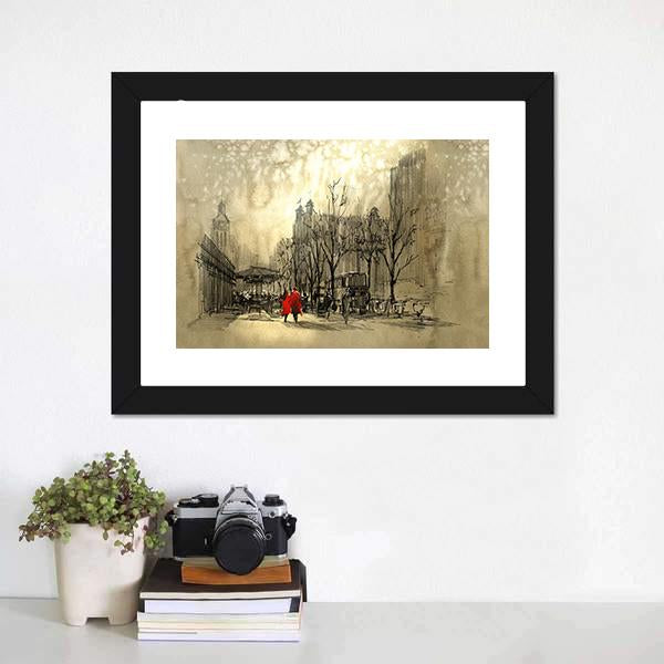 Couple In Red On Street Canvas Wall Art-3 Horizontal-Gallery Wrap-25&quot; x 16&quot;-Tiaracle