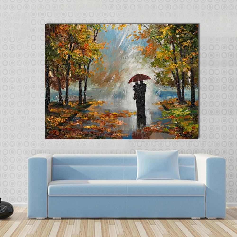 Couple in the Forest Canvas Wall Art in brown, yellow and green, single panel hung on a wall