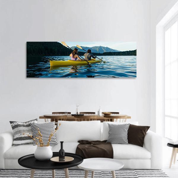 Couple Paddling On Lake Panoramic Canvas Wall Art-1 Piece-36&quot; x 12&quot;-Tiaracle