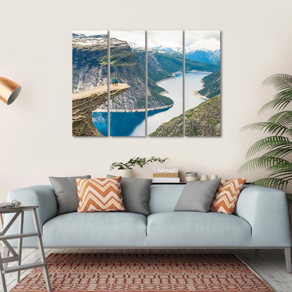 Couple Posing On Trolltunga Canvas Wall Art-4 Horizontal-Gallery Wrap-34" x 24"-Tiaracle