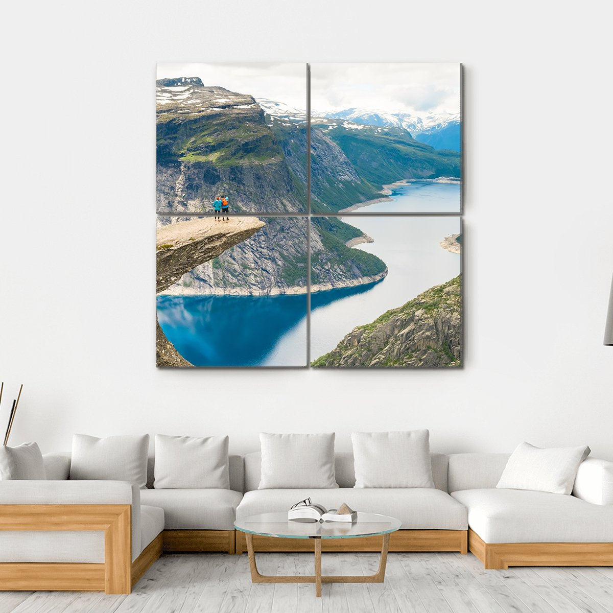 Couple Posing On Trolltunga Canvas Wall Art-4 Square-Gallery Wrap-17" x 17"-Tiaracle