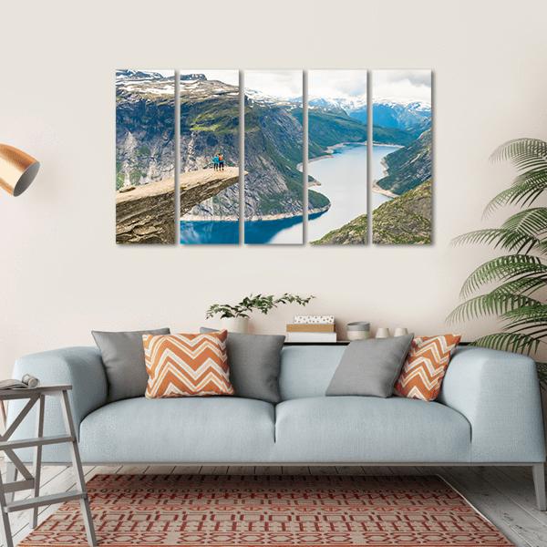 Couple Posing On Trolltunga Canvas Wall Art-5 Horizontal-Gallery Wrap-22" x 12"-Tiaracle