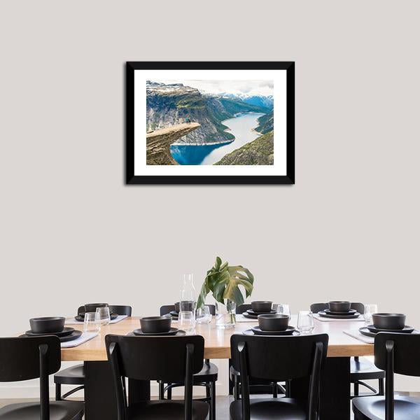 Couple Posing On Trolltunga Canvas Wall Art-5 Horizontal-Gallery Wrap-22" x 12"-Tiaracle