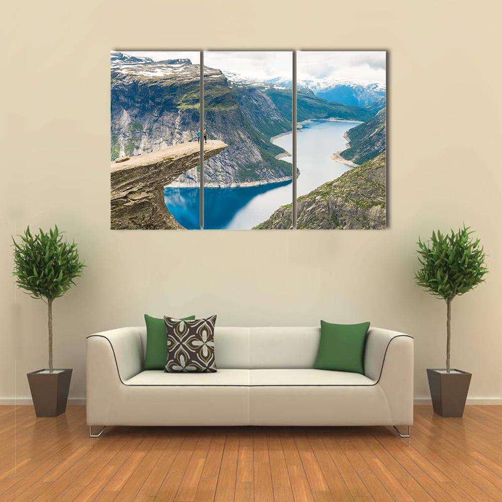 Couple Posing On Trolltunga Canvas Wall Art-3 Horizontal-Gallery Wrap-37" x 24"-Tiaracle