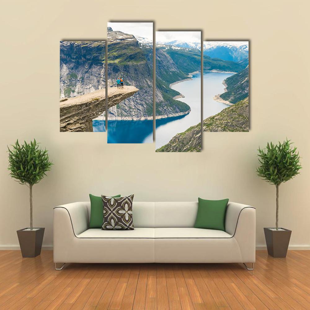 Couple Posing On Trolltunga Canvas Wall Art-4 Pop-Gallery Wrap-50" x 32"-Tiaracle