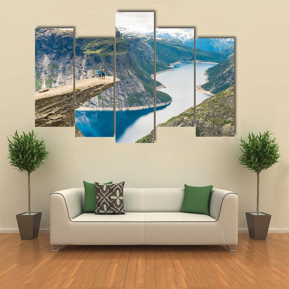 Couple Posing On Trolltunga Canvas Wall Art-5 Pop-Gallery Wrap-47" x 32"-Tiaracle