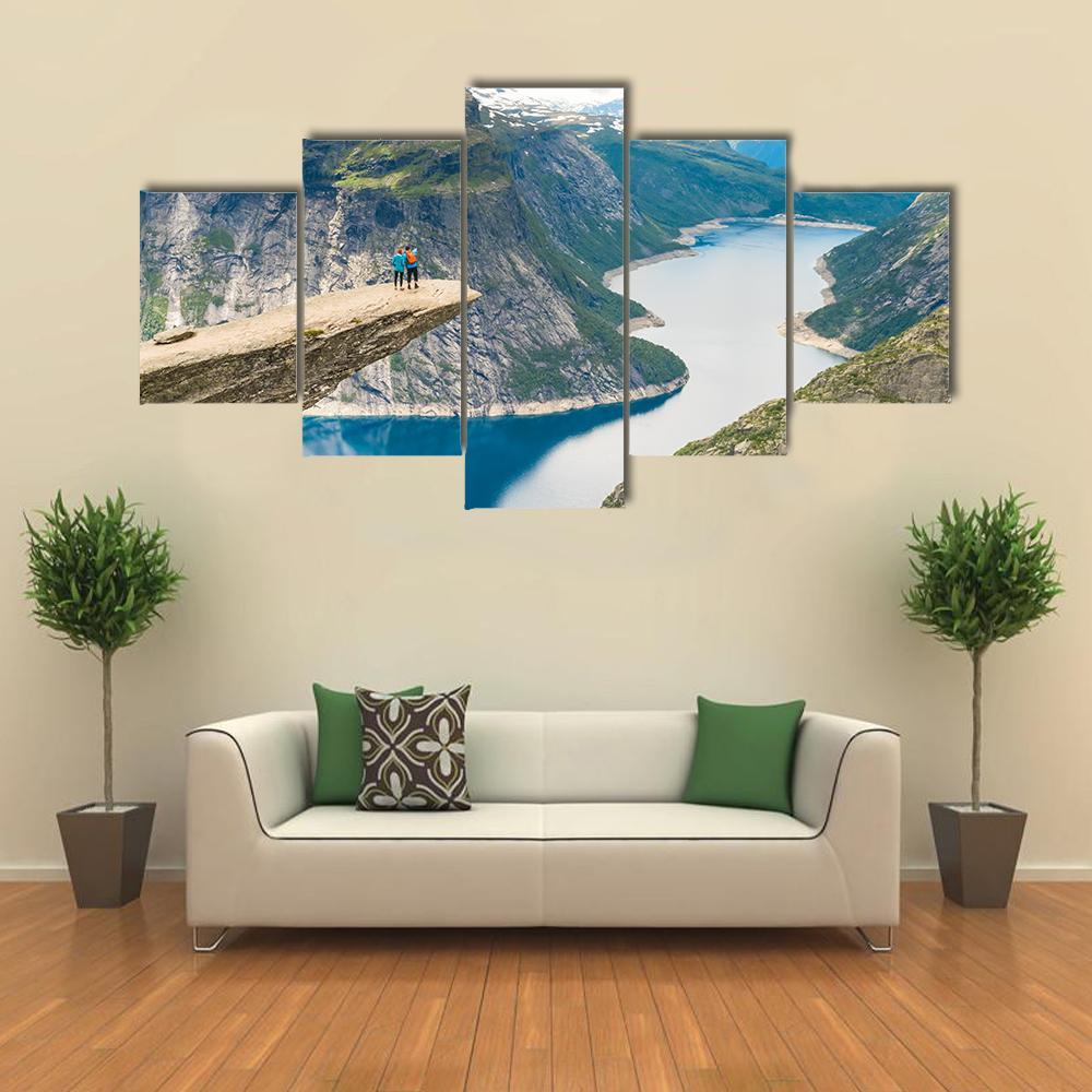 Couple Posing On Trolltunga Canvas Wall Art-4 Pop-Gallery Wrap-50" x 32"-Tiaracle