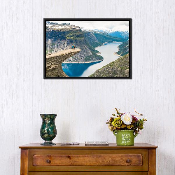 Couple Posing On Trolltunga Canvas Wall Art-1 Piece-Floating Frame-24" x 16"-Tiaracle