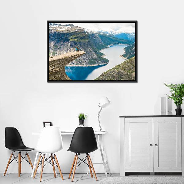 Couple Posing On Trolltunga Canvas Wall Art-3 Horizontal-Gallery Wrap-25" x 16"-Tiaracle