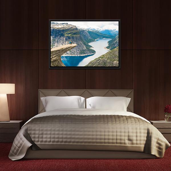 Couple Posing On Trolltunga Canvas Wall Art-3 Horizontal-Gallery Wrap-25" x 16"-Tiaracle