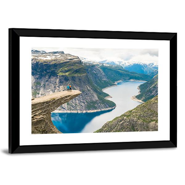 Couple Posing On Trolltunga Canvas Wall Art-3 Horizontal-Gallery Wrap-25" x 16"-Tiaracle