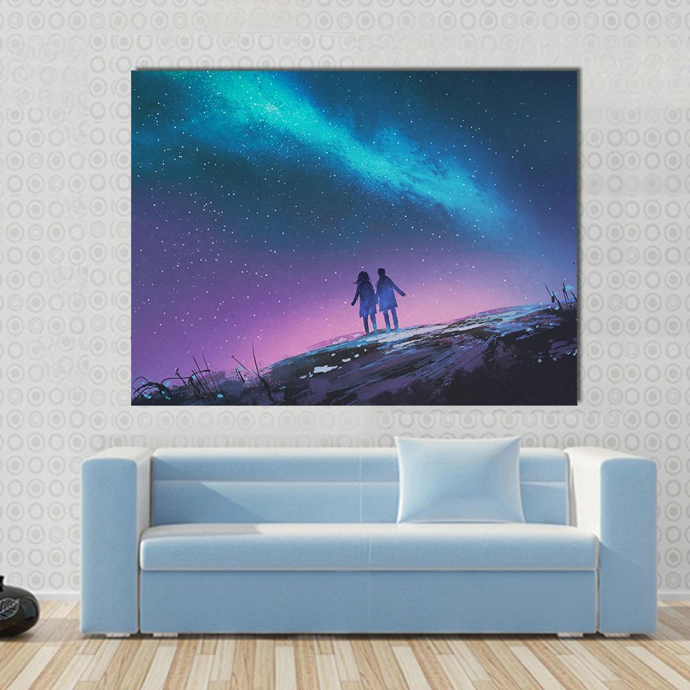 Couple Gazing at Milky Way Galaxy Canvas Wall Art in black, blue and purple, single panel hung on a wall