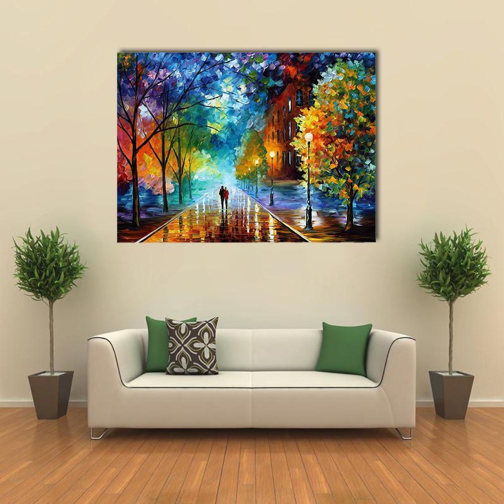 Abstract Couple Walking in Rainy City Canvas Wall Art in yellow, blue and multicolor, single panel hung on a wall