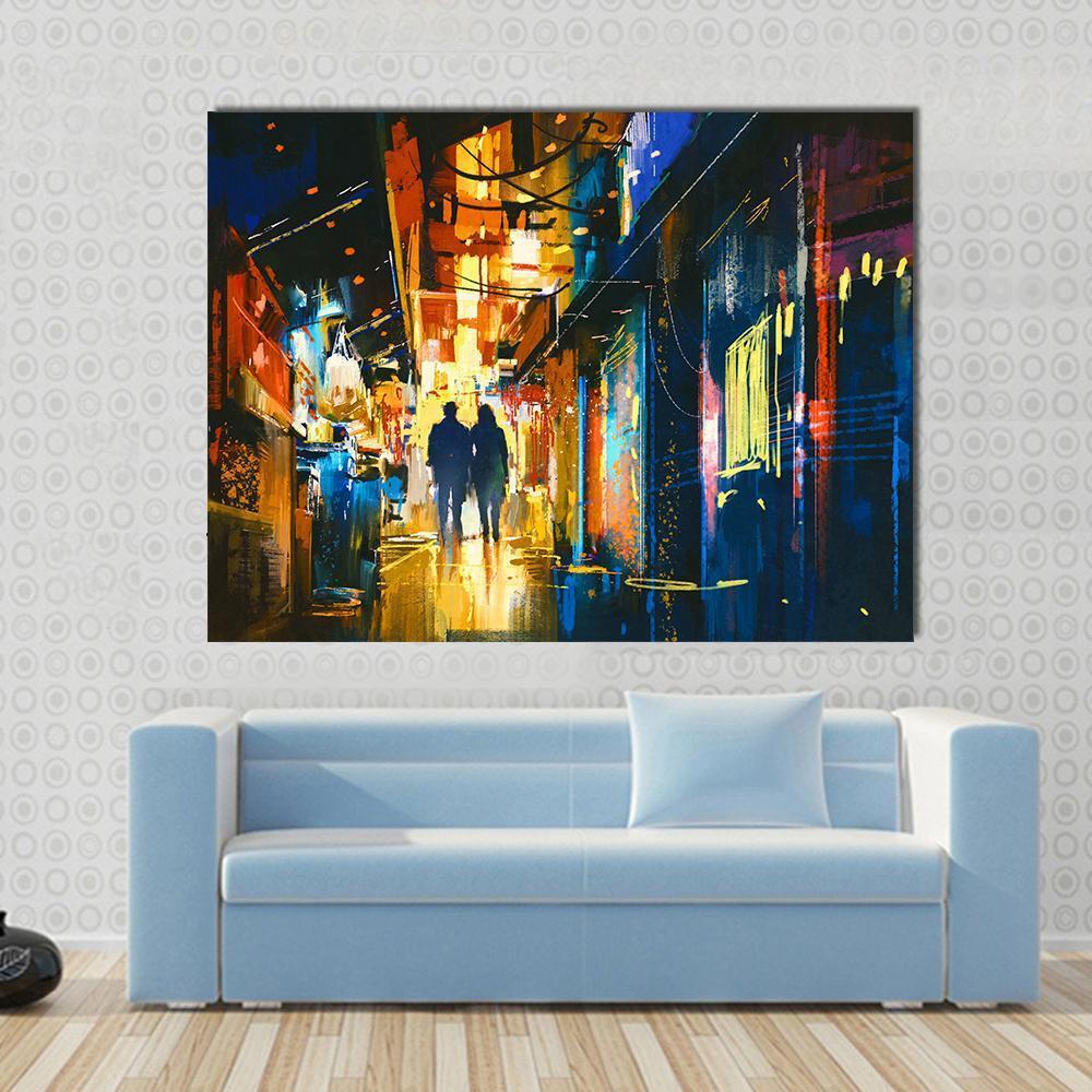 Couple Walking in Alley Canvas Wall Art in orange, yellow and blue, single panel hung on a wall