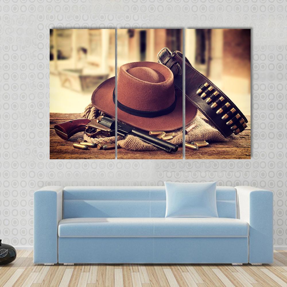 Cowboy Hat & Gun Canvas Wall Art-4 Pop-Gallery Wrap-50" x 32"-Tiaracle