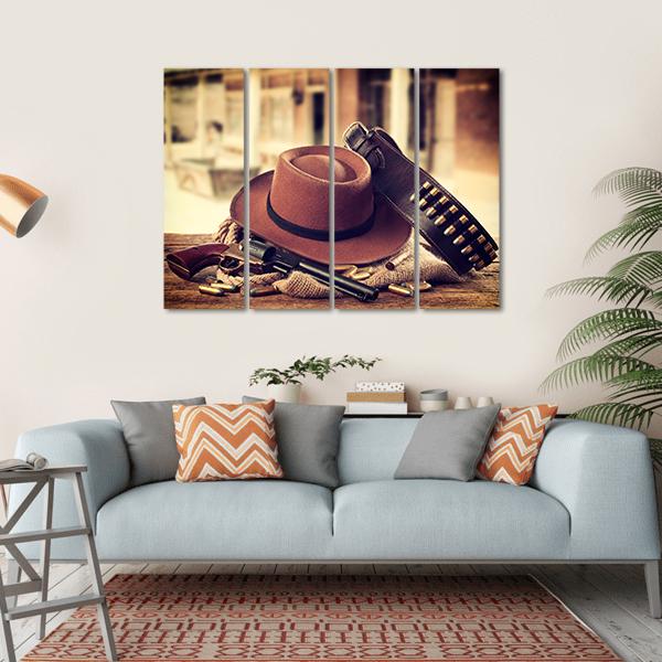 Cowboy Hat & Gun Canvas Wall Art-4 Horizontal-Gallery Wrap-34" x 24"-Tiaracle